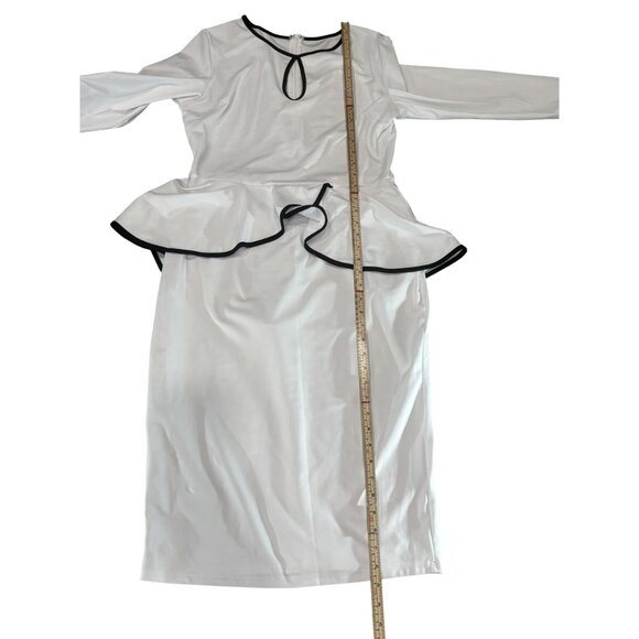 White Long-Sleeve Peplum Midi Dress With Black Trim & Keyhole Neckline - Picture 7 of 9